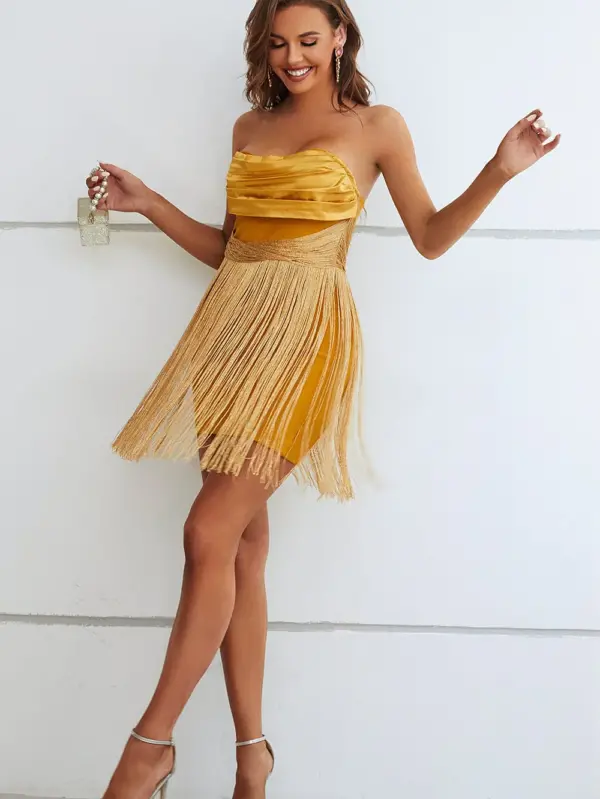 Golden Goddess: The Rayon Fringe Tube Dress Halter Neck Bandage Dress - Image 5