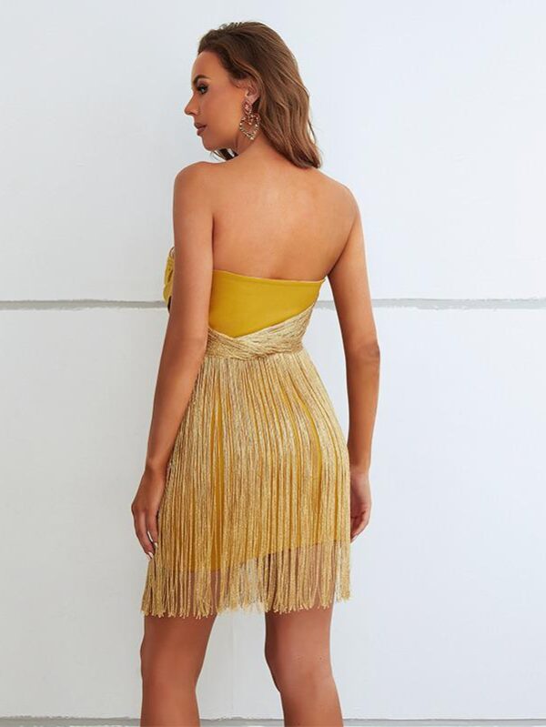 Golden Goddess: The Rayon Fringe Tube Dress Halter Neck Bandage Dress - Image 2
