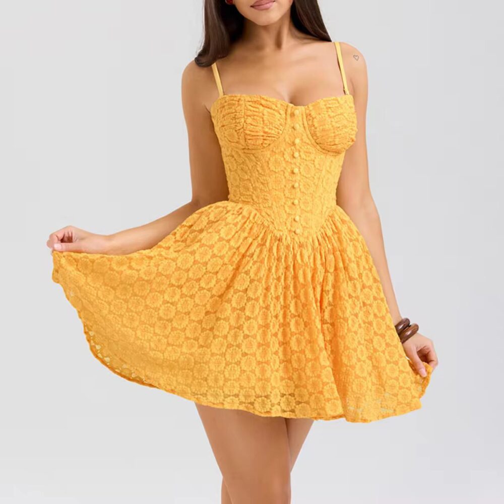 Golden Bloom Lace Corset Dress